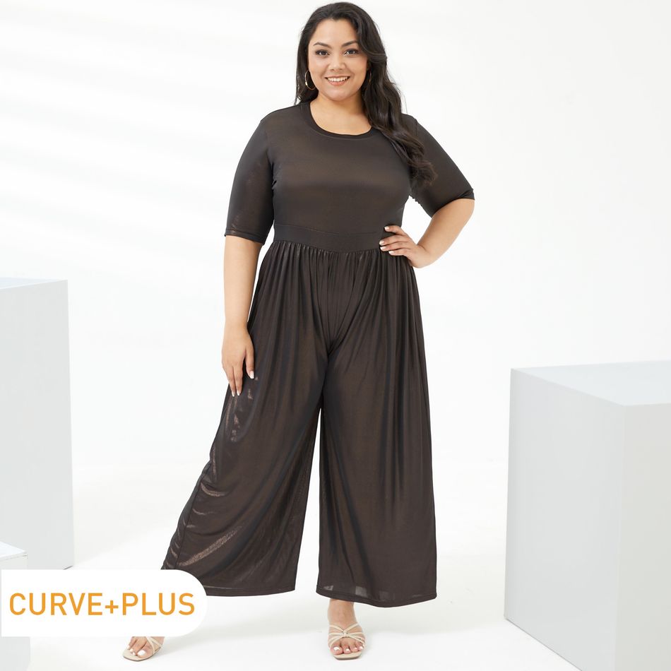 Women Plus Size Casual Metallic Round-collar Short-sleeve Black Jumpsuit Black