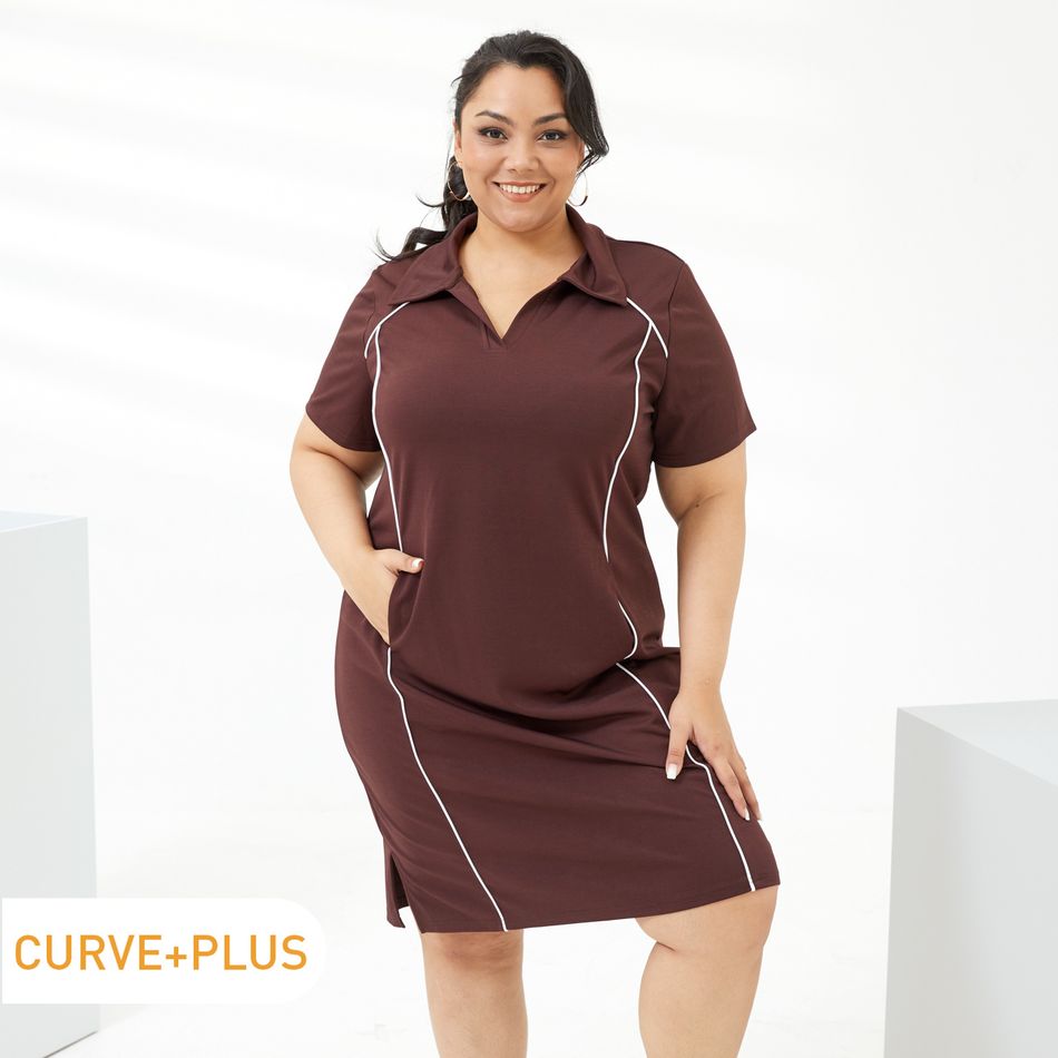 Women Plus Size Casual Lapel Collar V Neck Side Slit Short-sleeve Coffee Midi Dress with Pocket Coffee