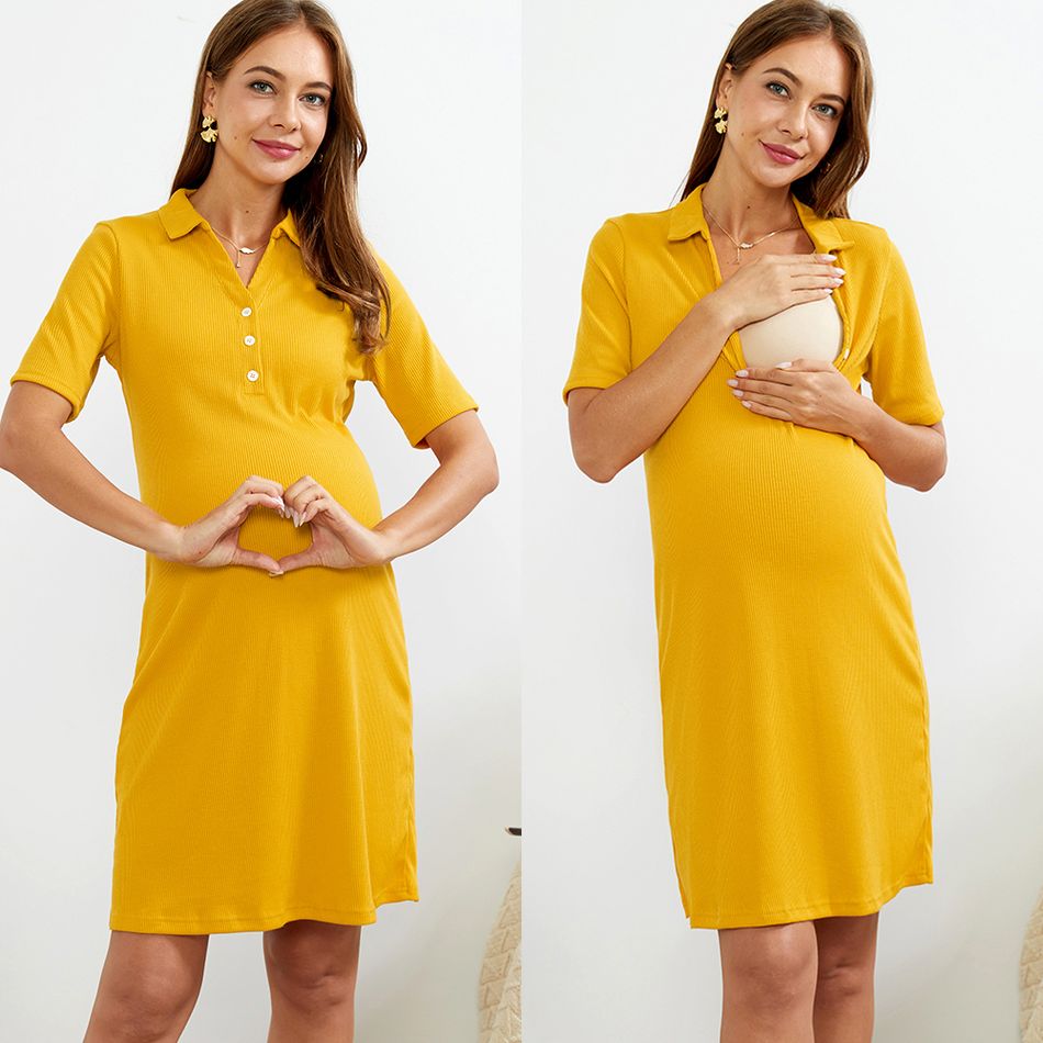 Half Open Collar Spiral Short-sleeve Nursing Dress Yellow