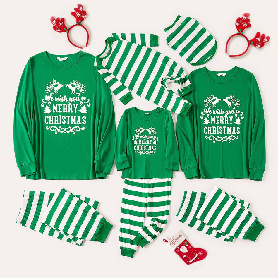 Christmas Letter and Plaid Print Snug Fit Green Family Matching Long-sleeve Pajamas Sets Green