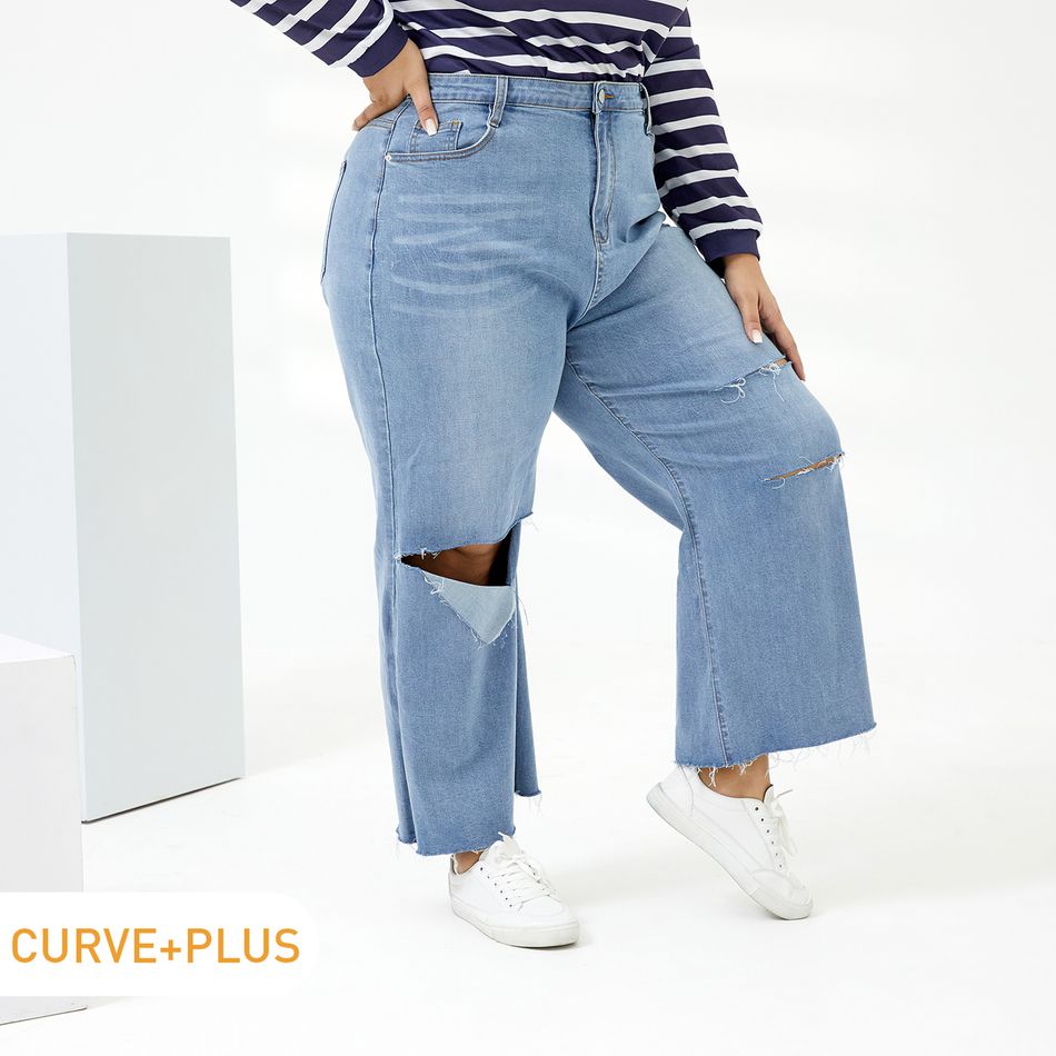 Women Plus Size Casual Cutout Blue Ripped Denim Jeans Blue big image 3