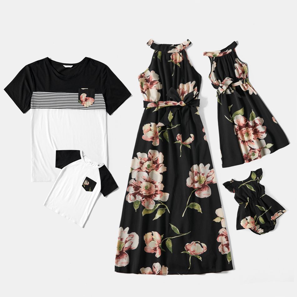 Floral Print Black Family Matching Sets（Halter Neck Belted Maxi Dresses and Short-sleeve T-shirts） Black/White