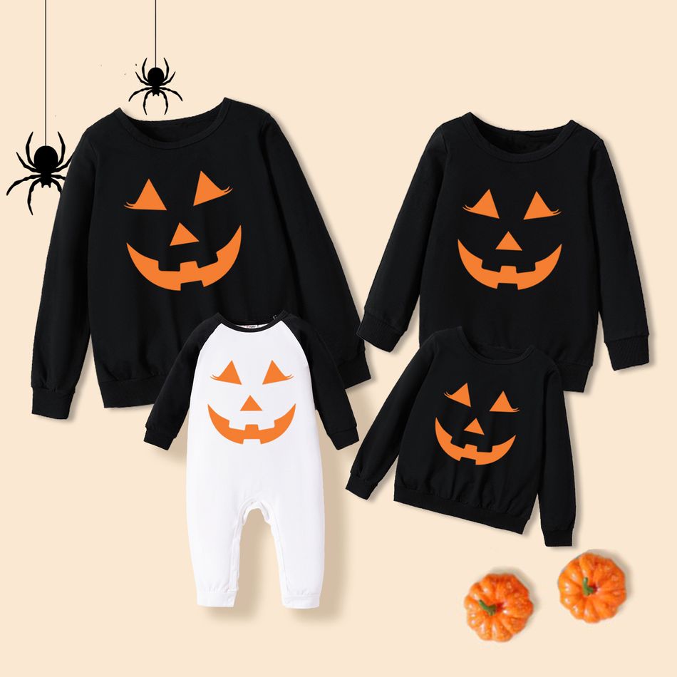 100% Cotton Halloween Pumpkin Face Print Family Matching Long-sleeve Sweatshirts Black