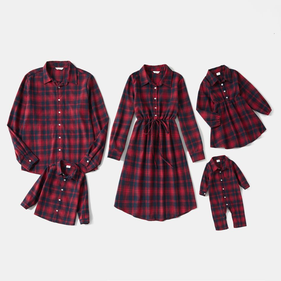 Red Plaid Collared Family Matching Sets(Front Buttons Long-sleeve Shirts or Midi Dresses) Red