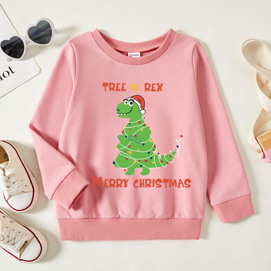 Christmas Toddler Boy Graphic Dinosaur and Christmas Tree and Letter Print Long-sleeve Pullover Pink