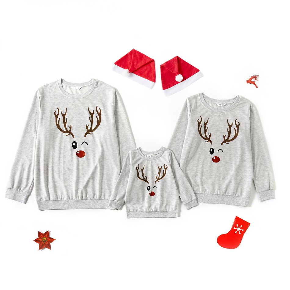 Christmas Deer Antlers Print Gray Family Matching Long-sleeve Sweatshirts Light Grey