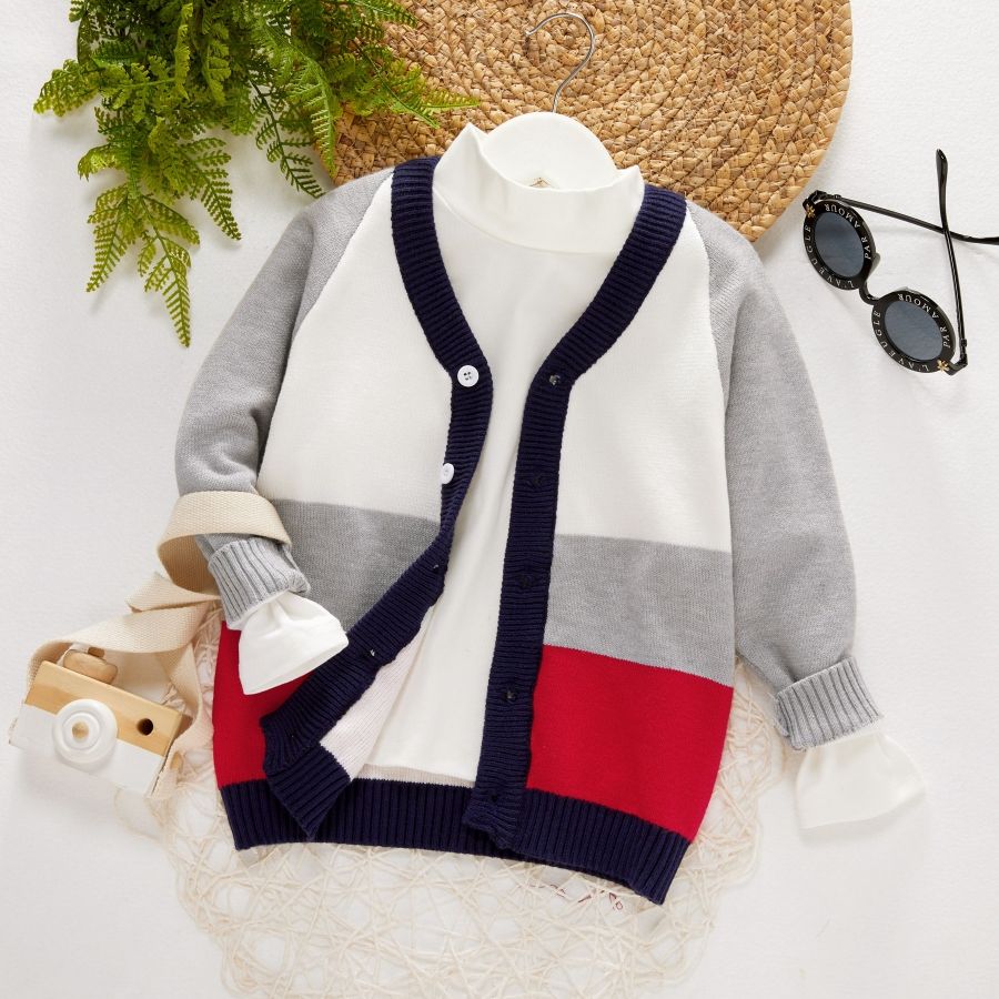 Toddler Boy Colorblock Button Design Sweater Cardigan Light Grey big image 1