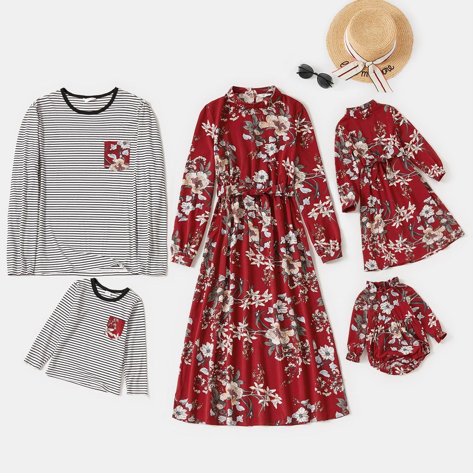Floral Print Red Family Matching Sets(Belted Midi Dresses and Striped Long-sleeve T-shirts) Red