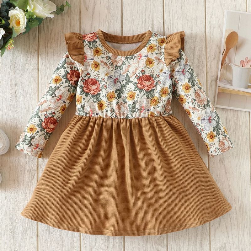 Toddler Girl Floral Print Ruffled Waffle Long-sleeve Dress Brown