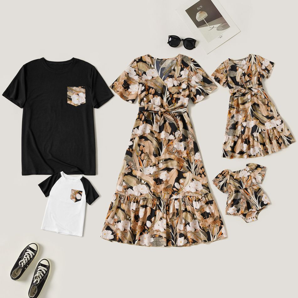 Floral Print Family Matching Sets(Ruffle Belted Midi Dresses and Short Sleeve T-shirts） Black