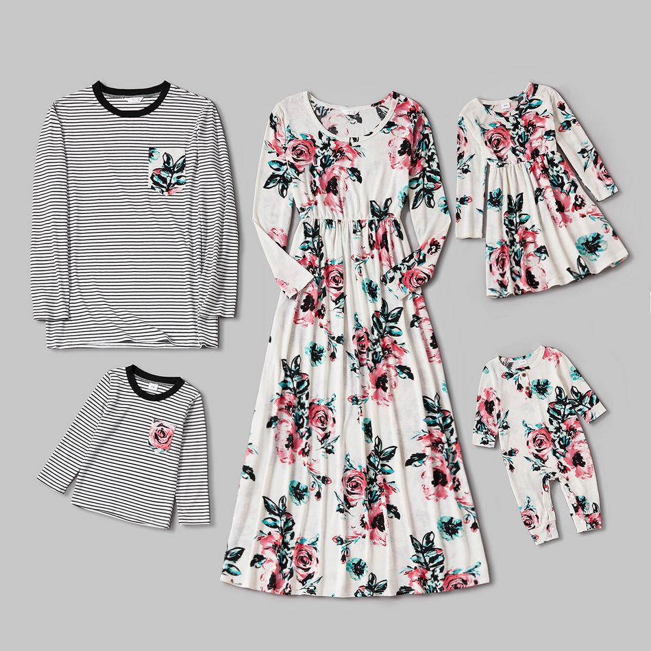 Floral Print Family Matching Sets(Long-sleeve Maxi Dresses and Striped T-shirts) White