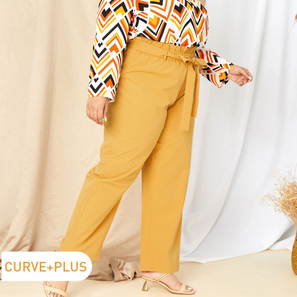 Women Plus Size Elegant Belted Yellow Paperbag Pants Yellow