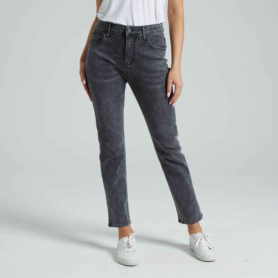 jeans de cintura alta cinza com perna reta e folgada Cinzento big image 1