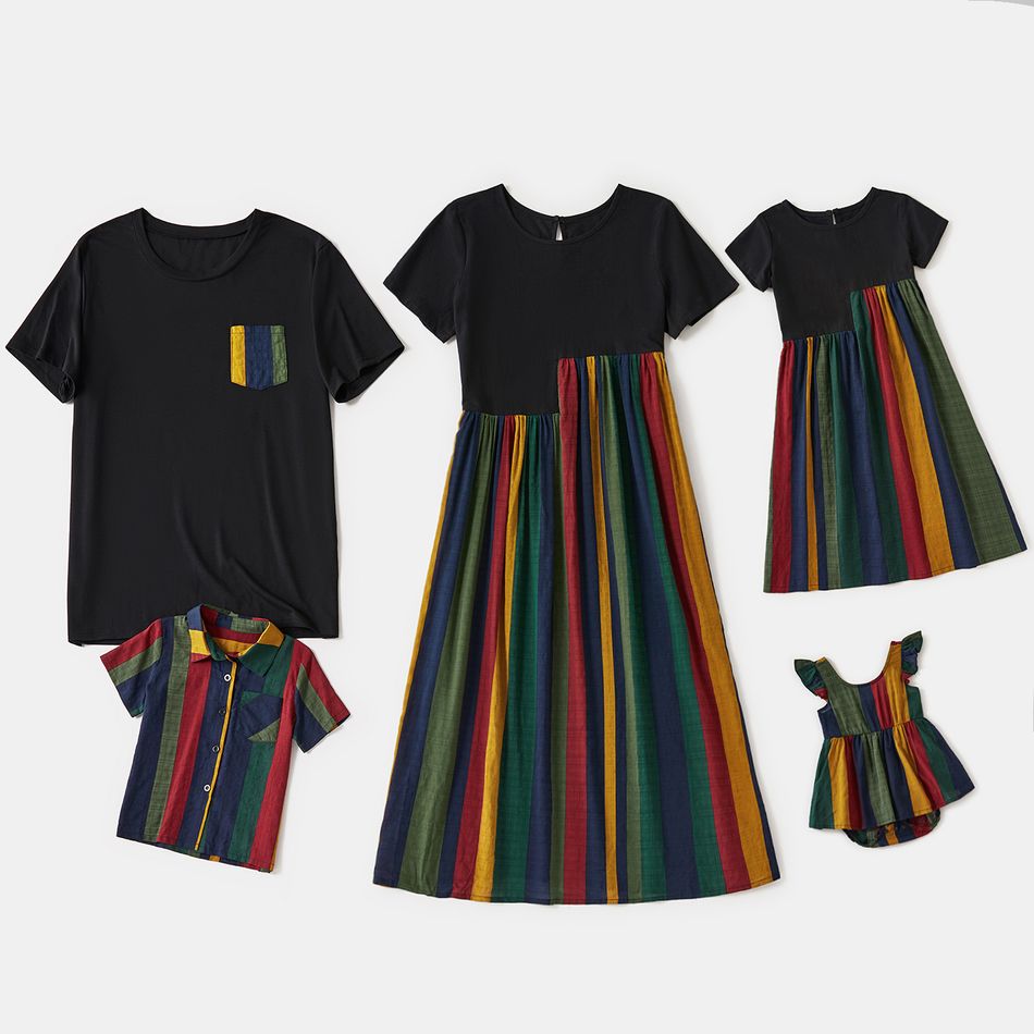100% Cotton Family Matching Sets（Striped Short-sleeve Splicing Dresses and Shirts） Black