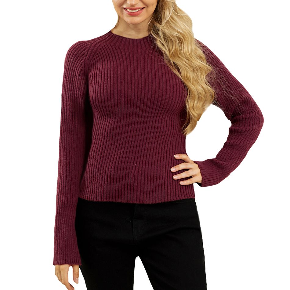 Half Turtleneck Long-sleeve Burgundy Red Rib-knit Sweater Burgundy
