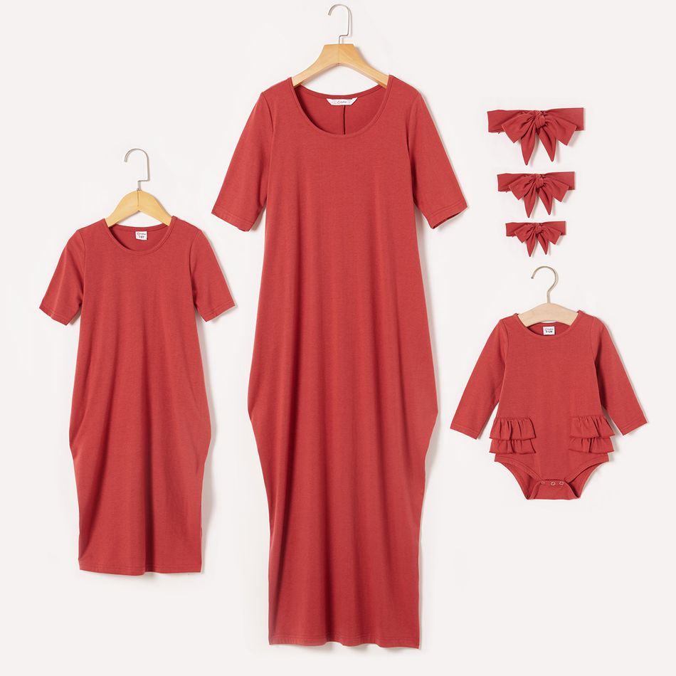 Casual Red Round Neck Short-sleeve Cocoon Midi Dress for Mom and Me Red
