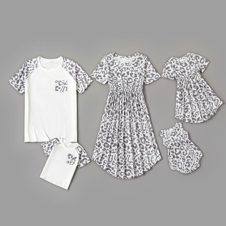 Grey and White Leopard Print Family Matching Sets(Short-sleeve Irregular Midi Dresses and T-shirts) Grey