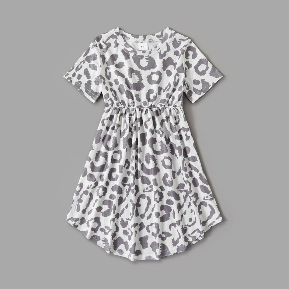 Grey and White Leopard Print Family Matching Sets(Short-sleeve Irregular Midi Dresses and T-shirts) Grey big image 3