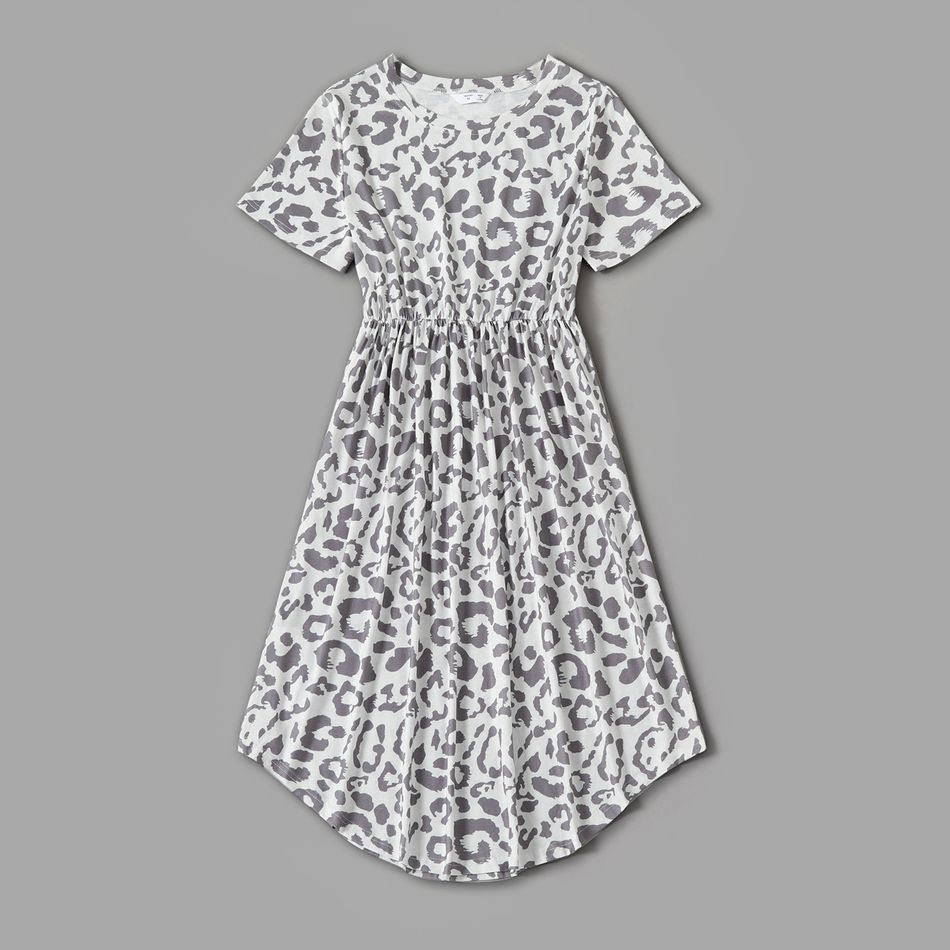 Grey and White Leopard Print Family Matching Sets(Short-sleeve Irregular Midi Dresses and T-shirts) Grey big image 2