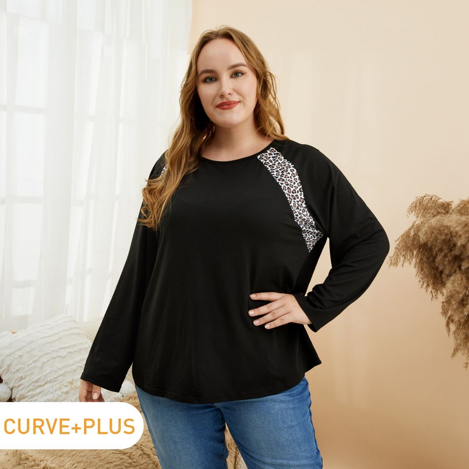 Women Plus Size Casual Leopard Print Black Long-sleeve Tee Black