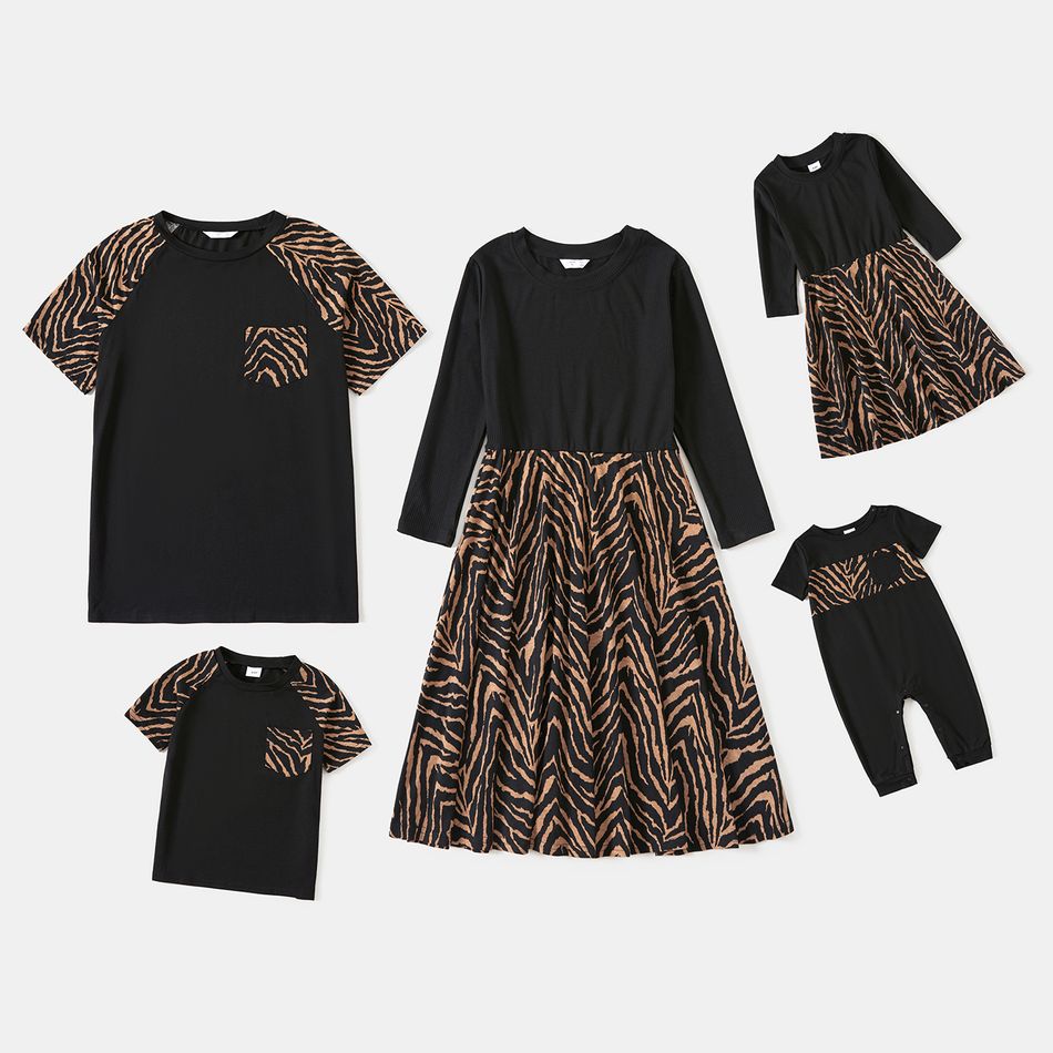 Leopard Black Splicing Family Matching Sets(3/4 Sleeve Dresses and Short-sleeve T-shirts) Black