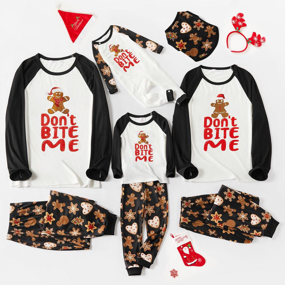 Christmas Gingerbread Man Cookie and Letter Print Snug Fit Family Matching Long-sleeve Pajamas Set Black/White
