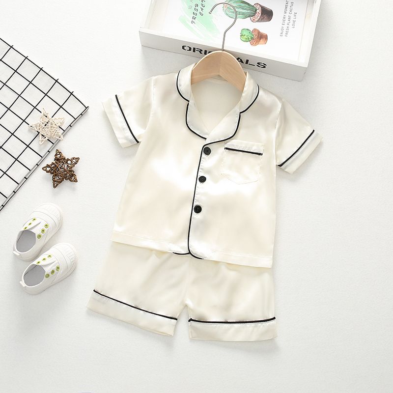 2pcs Solid Lapel Collar Short-sleeve Shirt and Shorts Dark Blue or White or Green Toddler Pajamas Home Set White