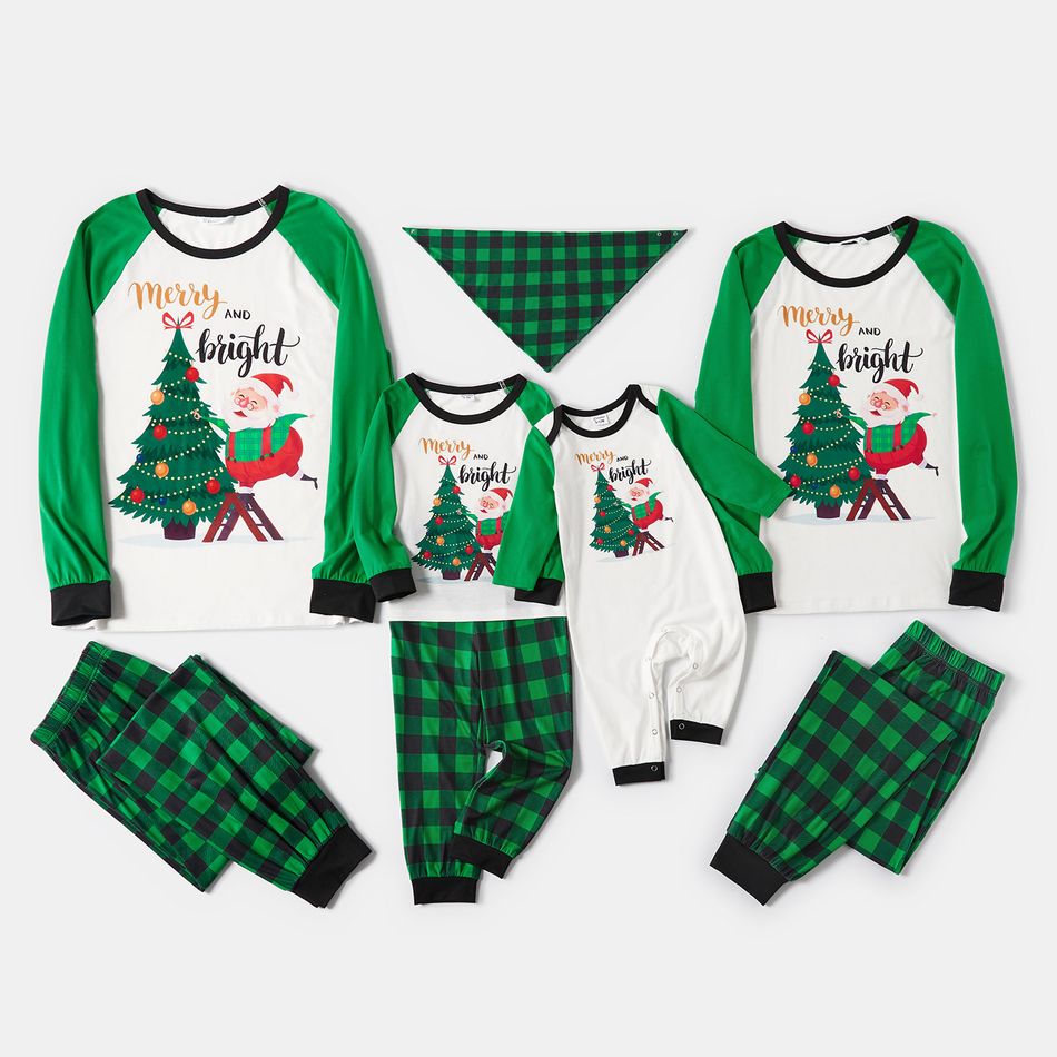 Christmas Tree and Santa Print Green Plaid Family Matching Long-sleeve Pajamas Sets (Flame Resistant) Green/White