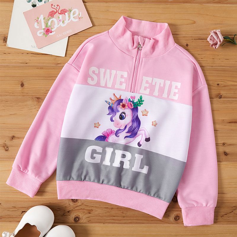 Kid Girl Stand Collar Letter Unicorn Print Zipper Pink Sweatshirt Pink