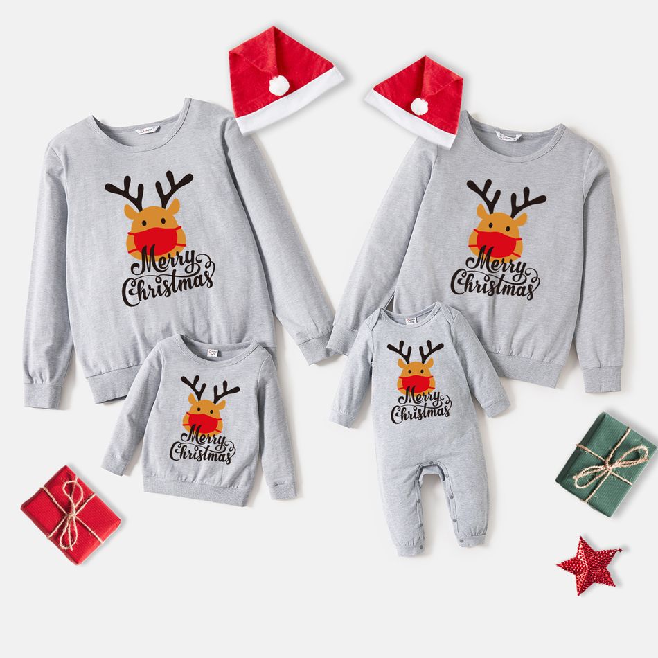 Christmas Family Matching 100% Cotton Deer & Letter Print Long-sleeve Sweatshirts Grey big image 1