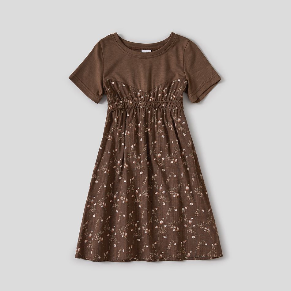 Coffee Floral Print Family Matching Sets(Splicing Coffee Short-sleeve Dresses and Colorblock T-shirts) Coffee big image 3