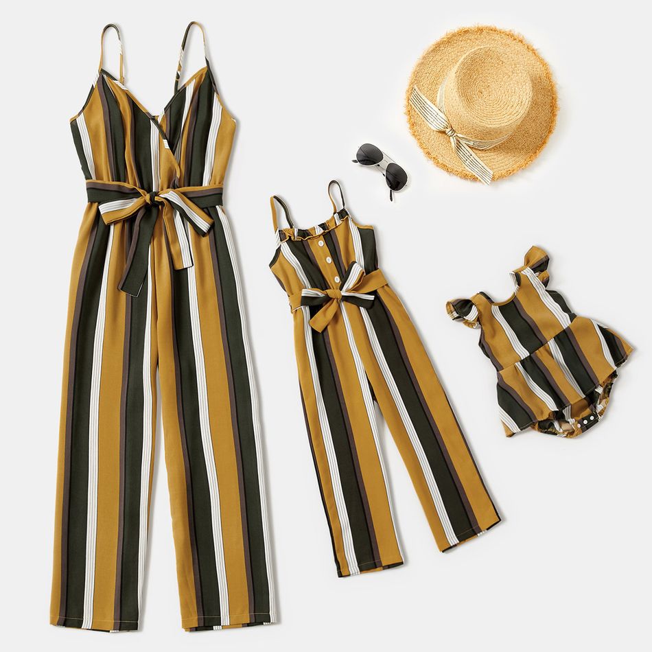Yellow Striped Cotton Belted Sleeveless Cami Jumpsuits for Mom and Me Yellow