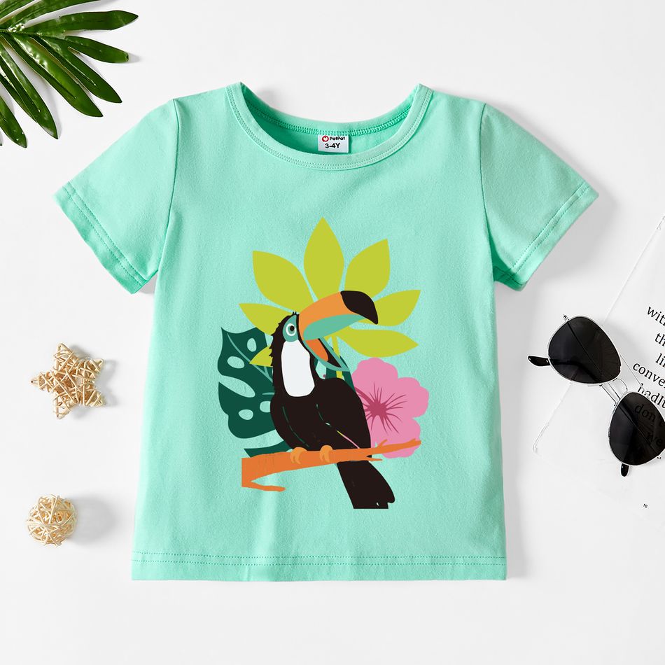 Toddler Graphic Plant and Parrot Print Short-sleeve Tee Light Green