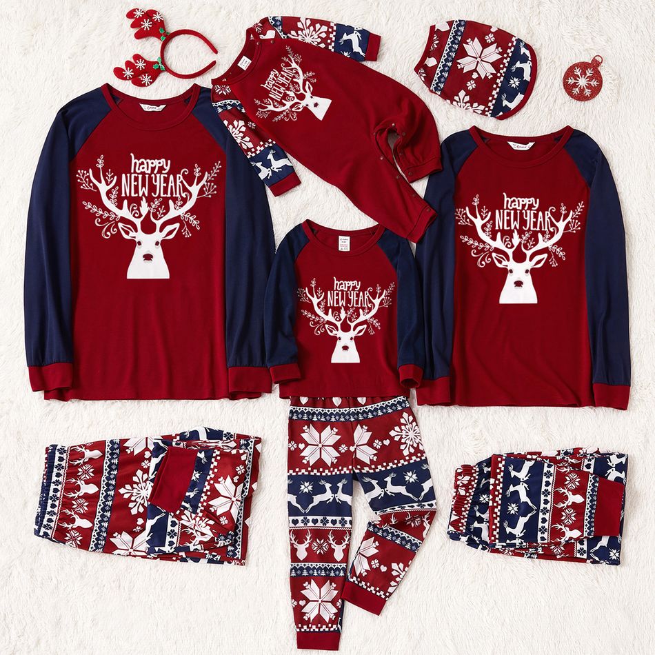 Christmas Deer and Letter Print Red Family Matching Raglan Long-sleeve Pajamas Sets (Flame Resistant) Color block big image 1