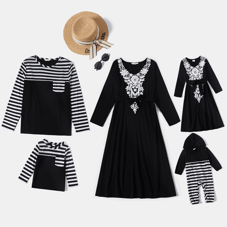 Family Matching Lace Splicing Black V Neck Long-sleeve Belted Midi Dresses and Striped T-shirts Sets Black/White