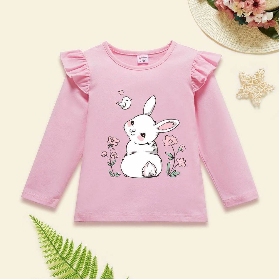 Toddler Graphic Rabbit and Floral and Bird Print Ruffled Long-sleeve Tee Light Pink