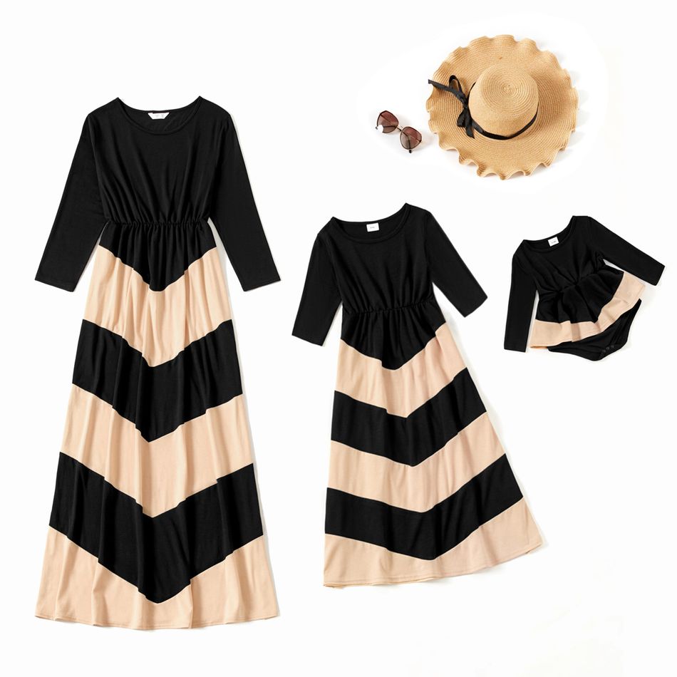 Colorblock Round Neck 3/4 Sleeve Maxi Dress for Mom and Me Multi-color