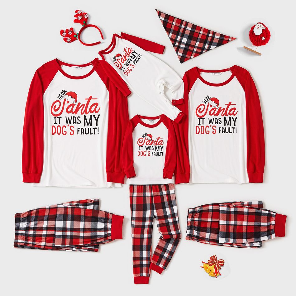 Christmas Letter Print Snug Fit Red Plaid Family Matching Long-sleeve Pajamas Set Red/White