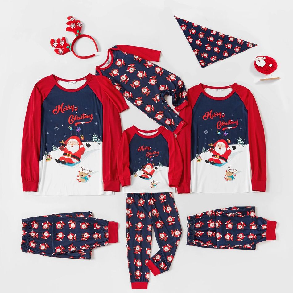 Christmas Santa and Letter Print Red Family Matching Long-sleeve Pajamas Sets (Flame Resistant) Dark blue/White/Red
