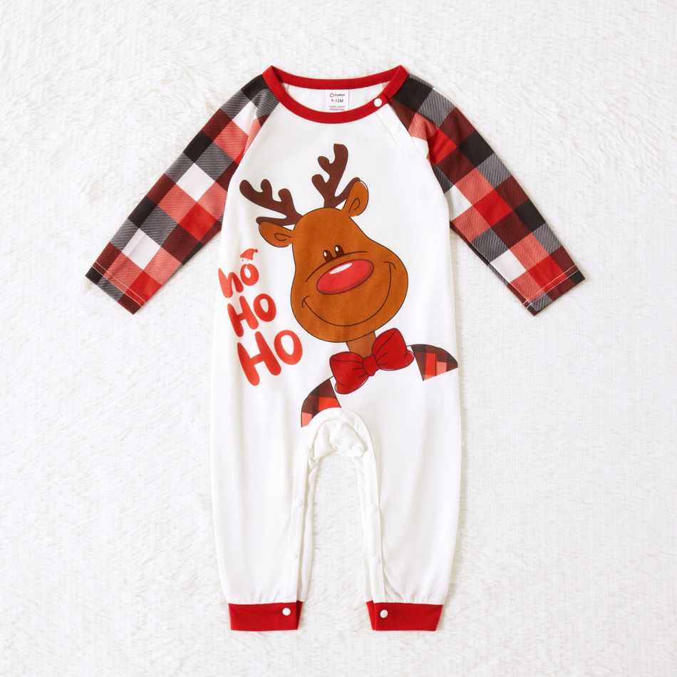 Christmas Reindeer and Letter Print Family Matching Raglan Long-sleeve Plaid Pajamas Sets (Flame Resistant) Black/White/Red big image 4