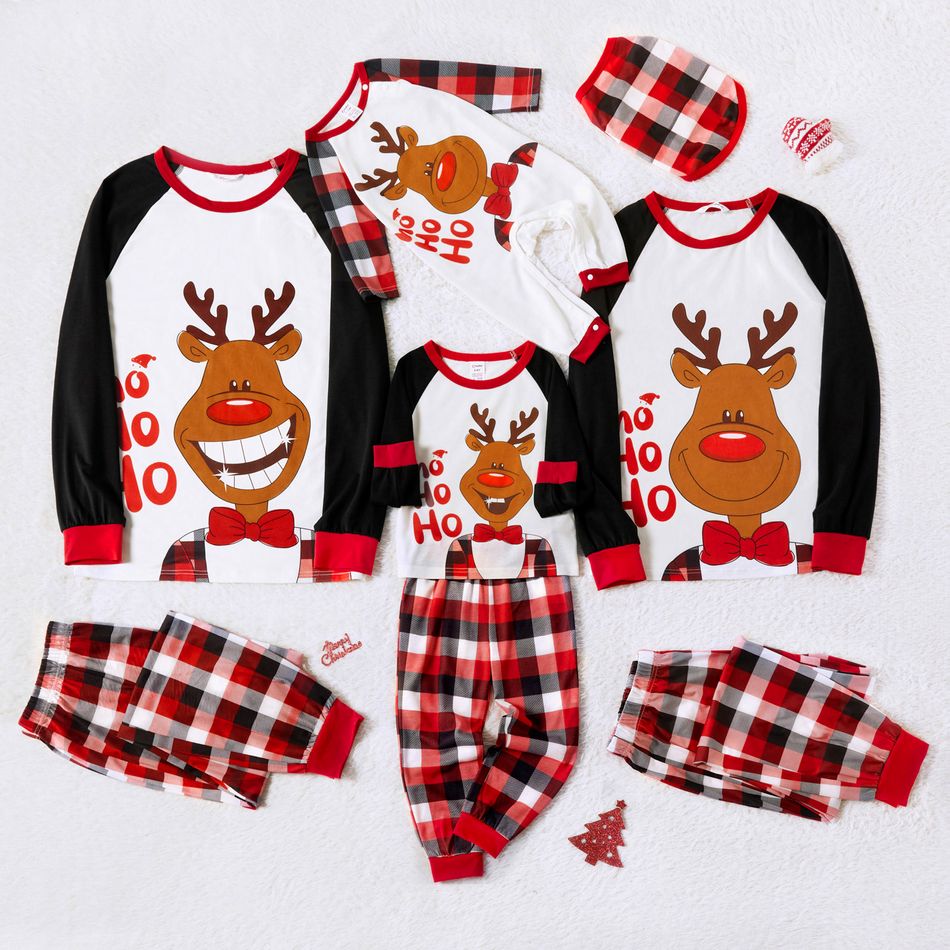 Christmas Reindeer and Letter Print Family Matching Raglan Long-sleeve Plaid Pajamas Sets (Flame Resistant) Black/White/Red