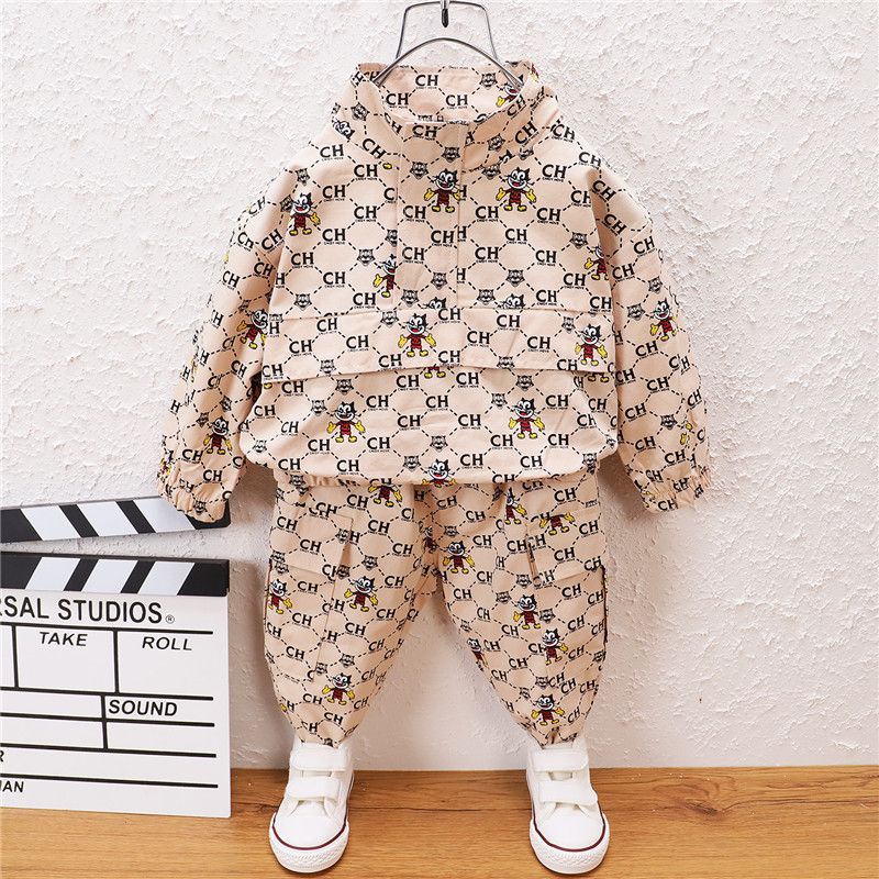 2pcs Letter and Cartoon Mice Allover Stand Collar Long-sleeve Top and Pants Khaki or Coffee Toddler Set Khaki