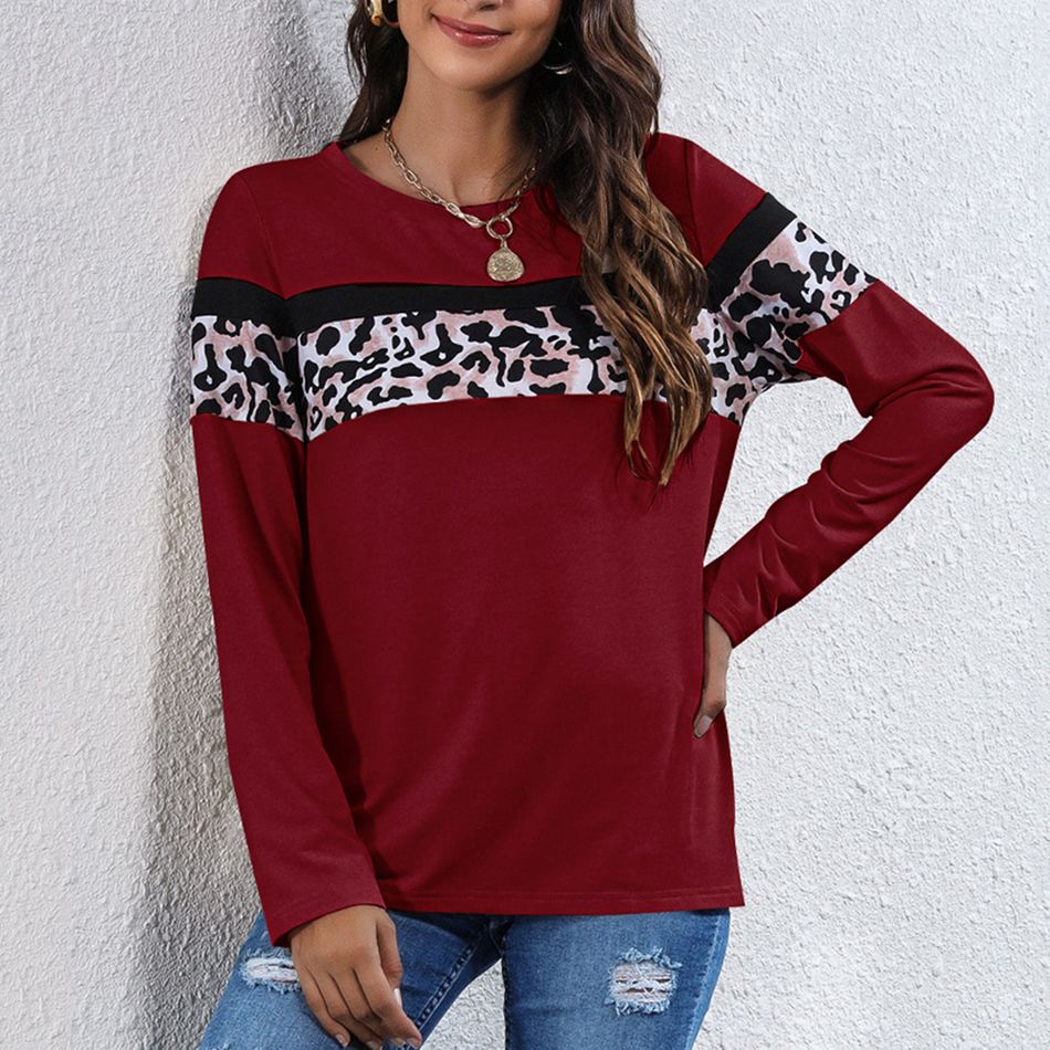 Leopard Splice Round-collar Long-sleeve T-shirt Burgundy