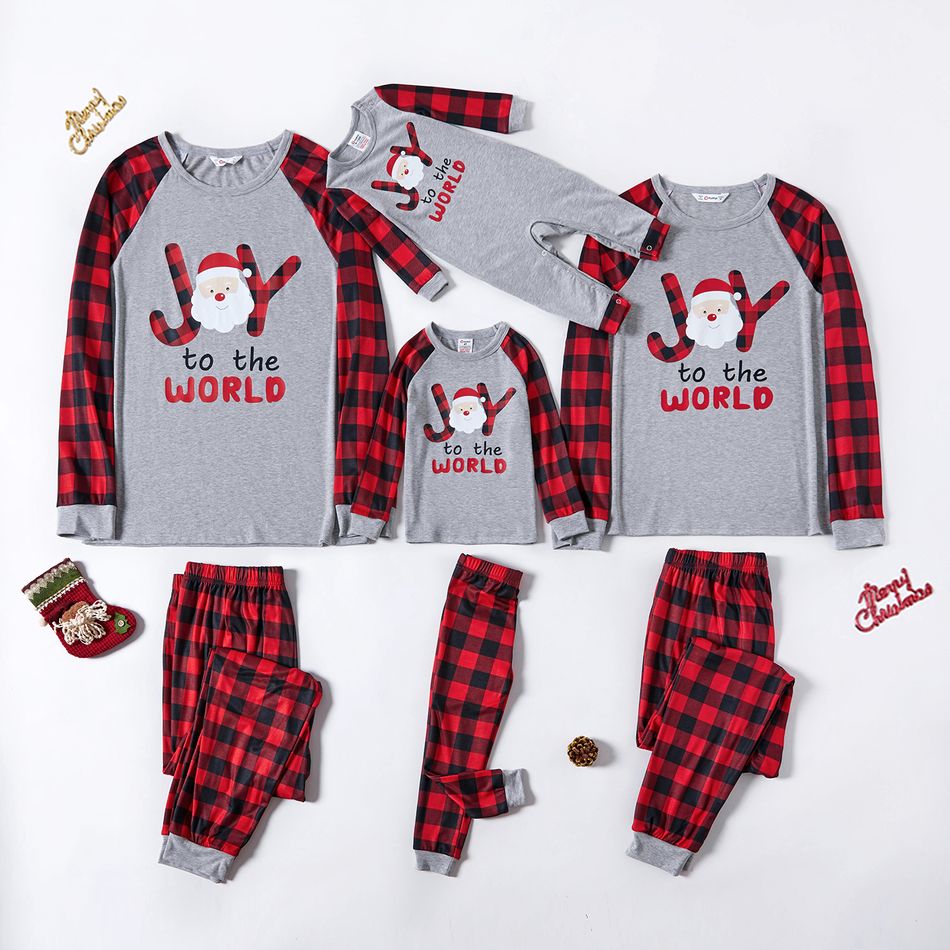 Christmas Cartoon Santa and Letter Print Snug Fit Family Matching Red Plaid Raglan Long-sleeve Pajamas Sets Light Grey