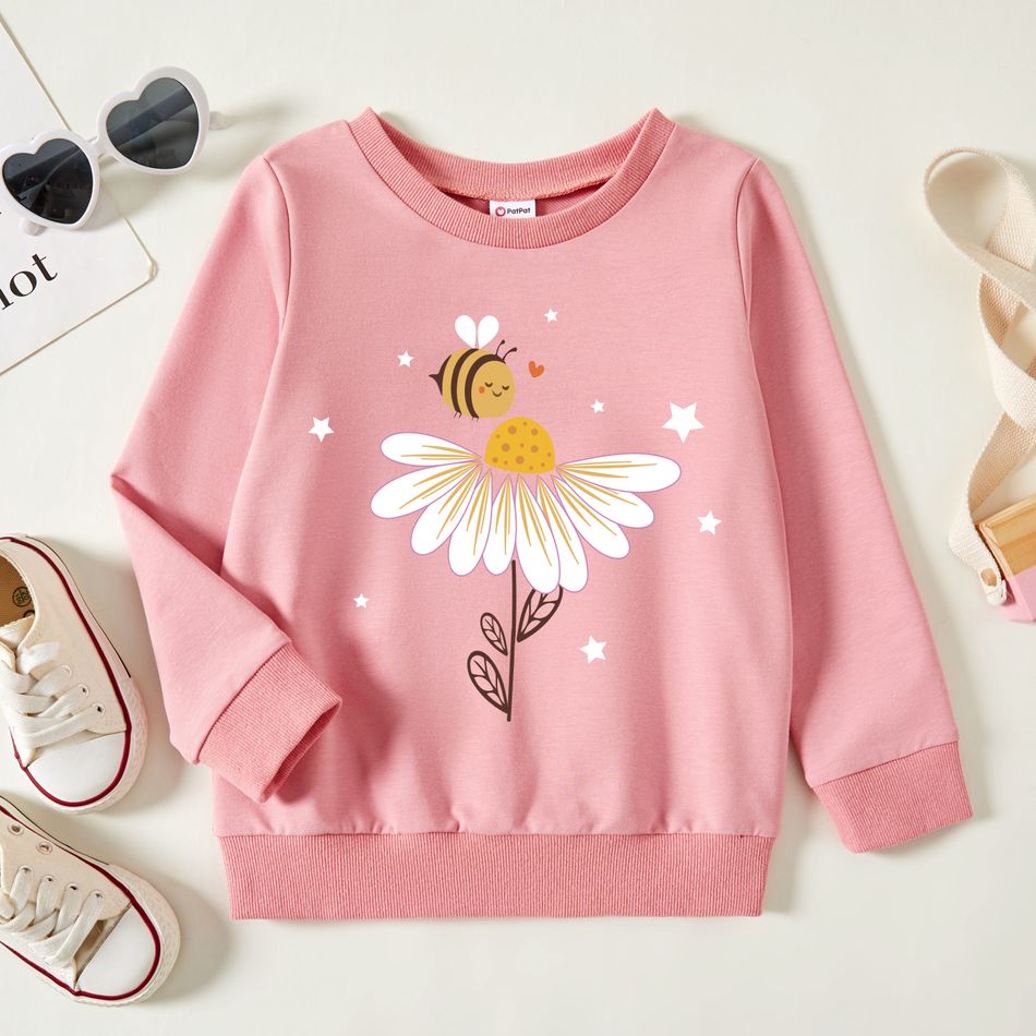 Toddler Girl Graphic Daisy and Stars and Bee Print Long-sleeve Pullover Pink