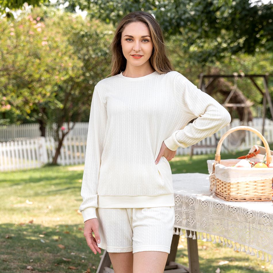 White Cable Knit Long-sleeve Crewneck Sweatshirts with Shorts for Mom and Me White big image 3