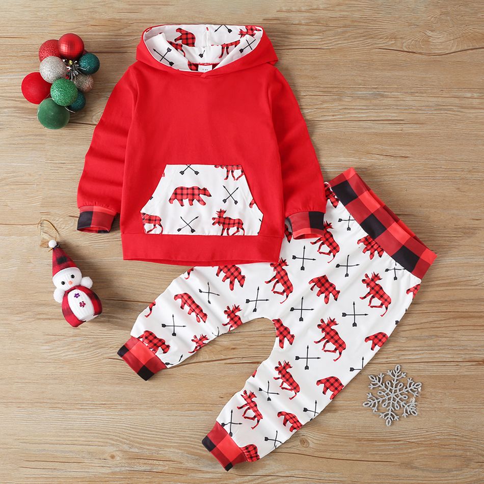 2-piece Toddler Girl/Boy Christmas Animal Print Hoodie and Elasticized Pants Set Red