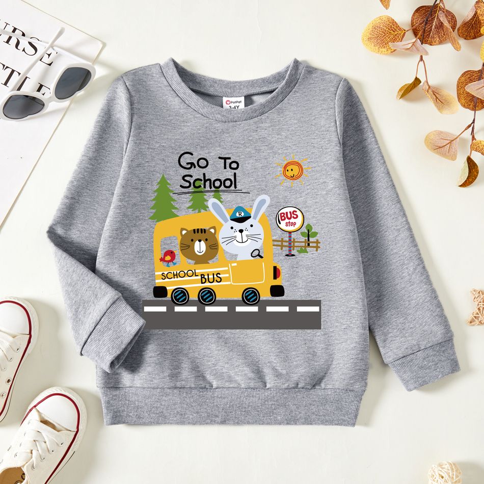 Toddler Graphic Animals and Schoolbus and Tree Print Long-sleeve Pullover Light Grey