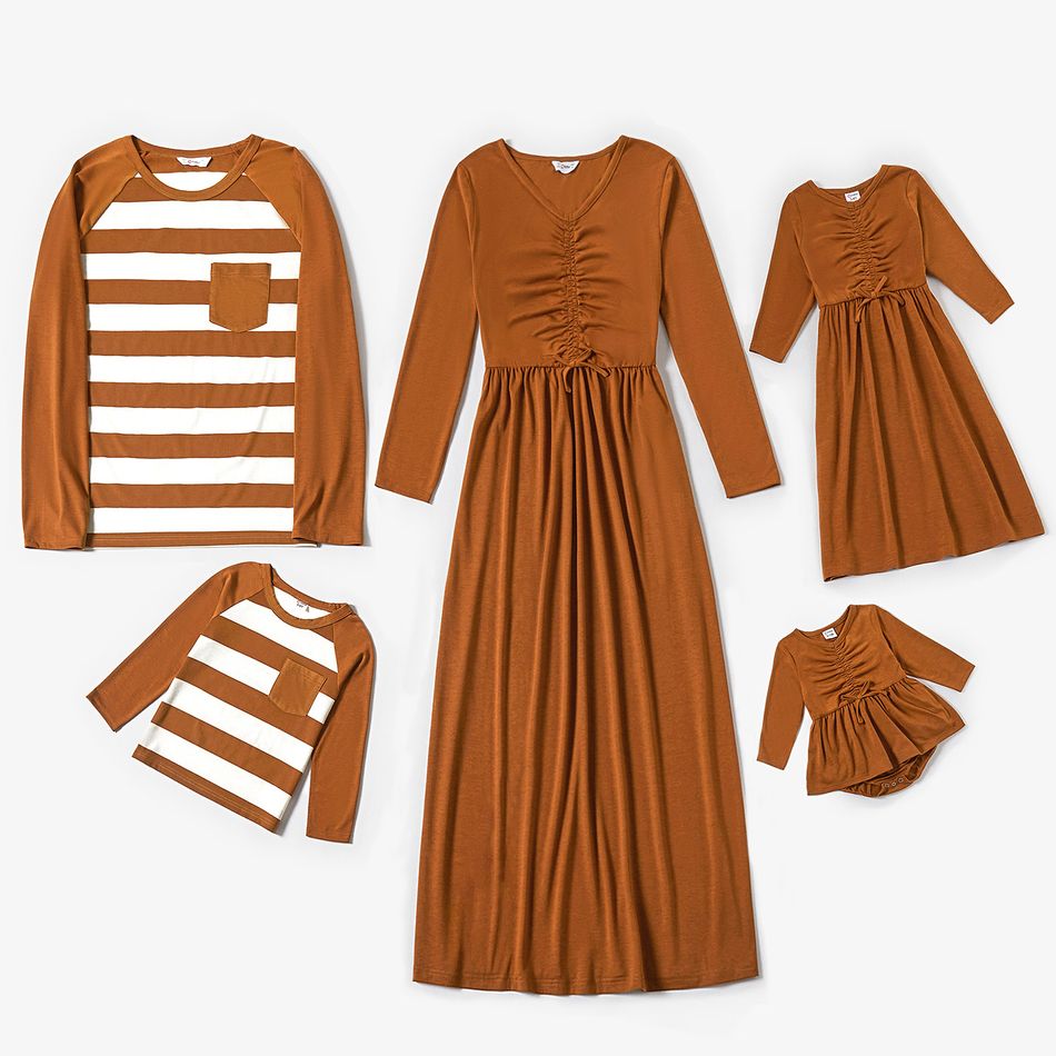 Family Matching Solid Ruched V Neck Long-sleeve Midi Dresses and Striped T-shirts Sets Ginger