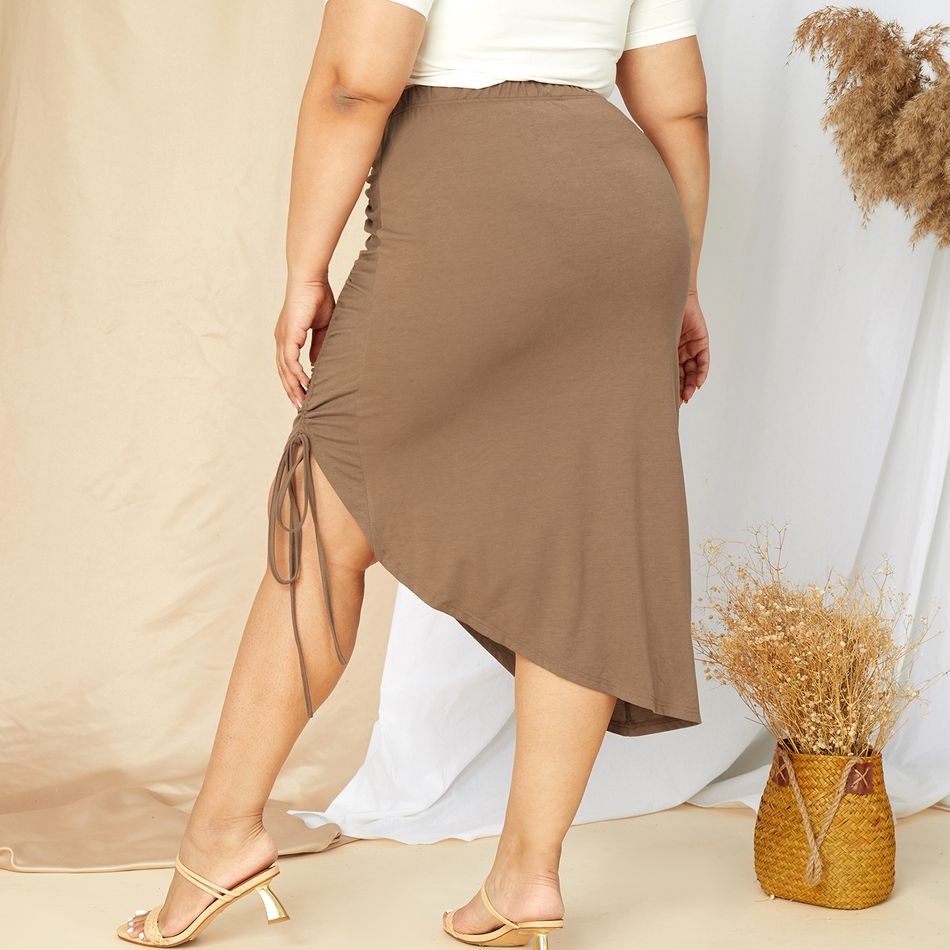 Women Plus Size Sexy Drawstring Ruched Irregular Skirt Brown big image 5